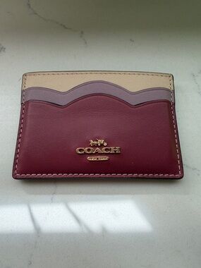 Coach Colorblock Leather Card Holder in Burgundy, Mauve & Cream